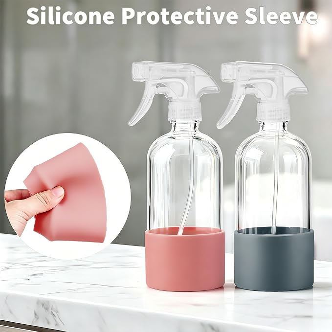 Glass Spray Bottles (2-Pack) with Silicone Sleeve - 16oz Empty Refillable Bottles - Adjustable Nozzle for Hair, Plants, Cleaning & DIY Solutions - Blue & Grey (pink+gray1)