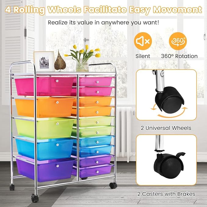 LUARANE Rolling Cart with 15 Drawers, Craft Storage Cart with Portable Handles & Lockable Wheels, Mobile Toys Organizer, Large Capacity Utility Drawer Cart Home Office School Teacher (Rainbow)
