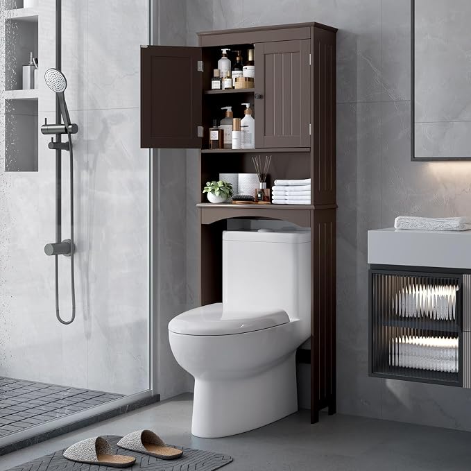 Bealife Over The Toilet Storage Cabinet with Open Shelf - Espresso | Over Toilet Bathroom Organizer with Adjustable Shelf and Double Doors, Space Saver Free Standing Storage Shelf for Bathroom