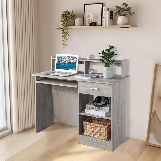 Karl home Computer Desk Study Writing Desk, Wooden Home Office Workstation PC Laptop Table with Drawer Shelf Keyboard Tray, Grey