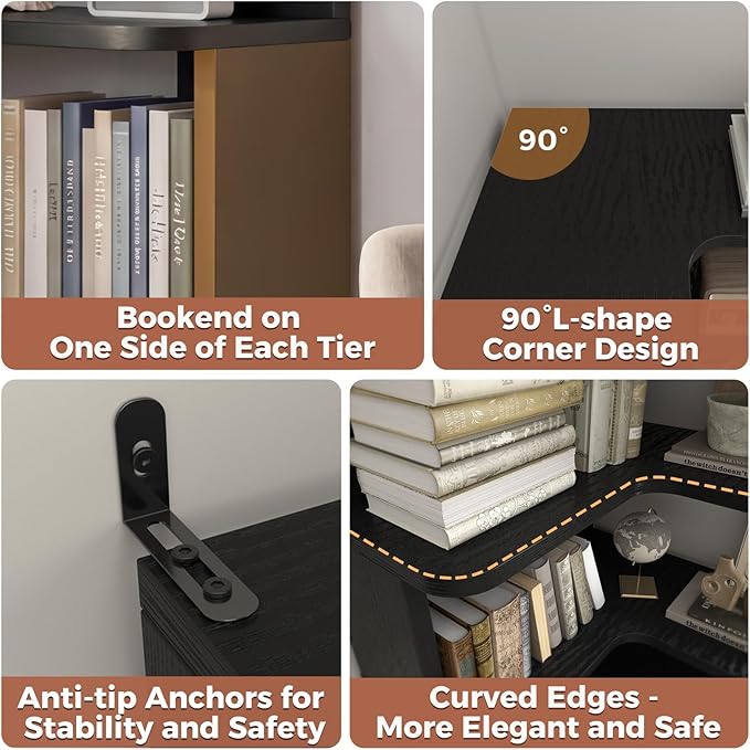 Besiost Corner Book Shelf, 6-Shelf Corner Bookshelf for Small Corner Spaces, L-Shape Bookcase Corner Display Shelf for Home Office, Living Room, Bedroom, Black