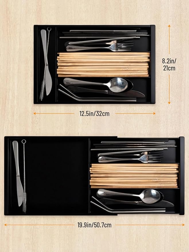Silverware Drawer Organizer Tray (Black) | Adjustable Small Utensil Holder for Spoon and Fork, Expandable Flatware Cutlery Tray for Kitchen Drawers