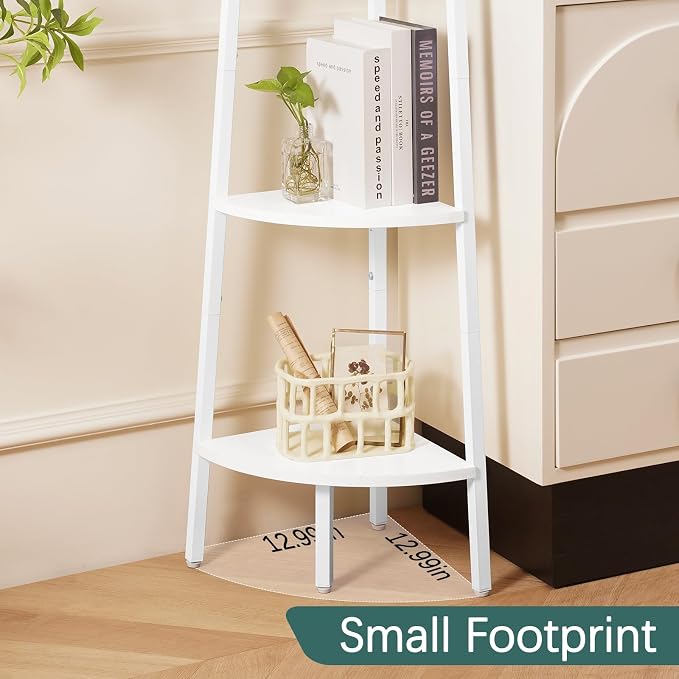 Yoobure 5‑Tier Corner Shelf – Sturdy Metal Frame & Wood Ladder Bookshelf, Space‑Saving Display Shelves for Plants & Books, Easy Assembly, for Bedroom, Living Room, Office, Balcony