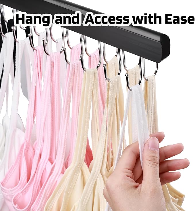 NECAMOCU 2 Pack Bra Hanger for Closet Organizer, Premium Tank Top Hangers | Black Wooden Bra Holder with 36 Foldable Hooks, 360° Rotating Design, Space Saving Storage for Tank Tops, Bras, Belts