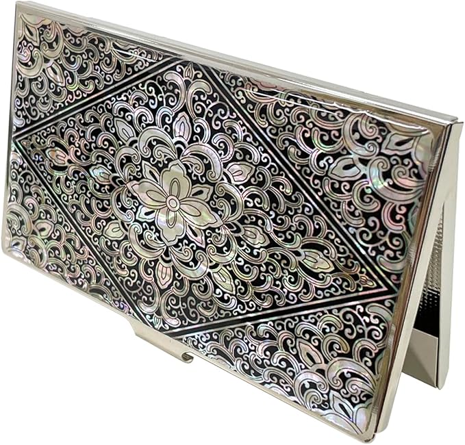 Mother of Pearl Business Card Case Credit Id Name Holder Travel Wallet Art Painting Design Metal Stainless Steel Engraved Slim Purse Pocket Cash Money Wallet (Diamond Arabesque)