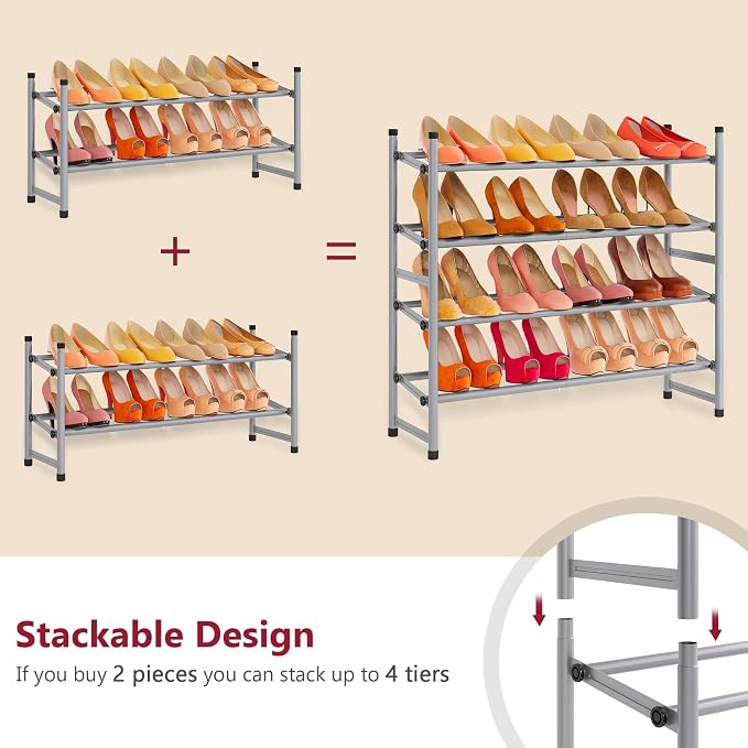 Tajsoon 2 Tier Expandable Shoe Rack for Closet, 28“-41“Adjustable & Stackable Shoe Shelf Storage, Metal Shoe Rack Organizer for Front Door Entrance, Closet, Garage, Entryway, Grey