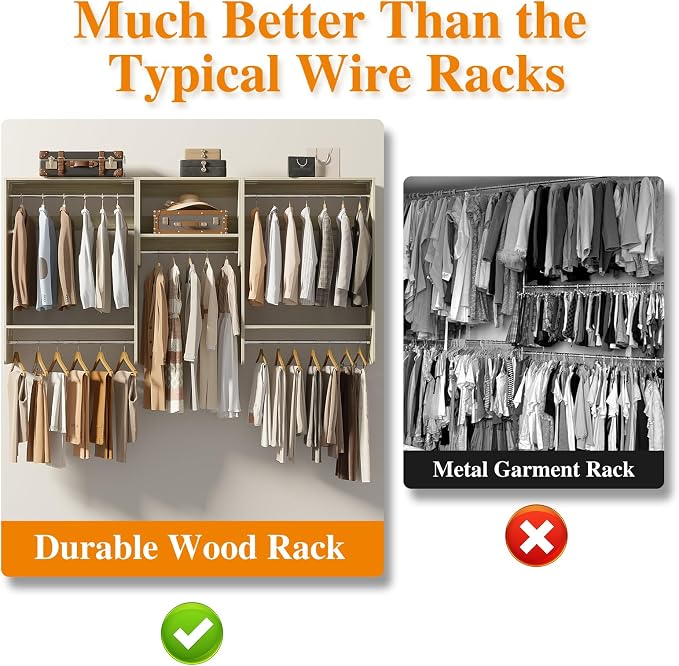 Unikito 36” - 96” Closet Systems, 8FT Walk in Closet Organizer Starter Kit with 5 Hanging Rod and 3 Shelves, Heavy Duty Reversible Wood Clothing Rack, Cut Be Cut to Fit, Max Load 1200 LBS, White Oak
