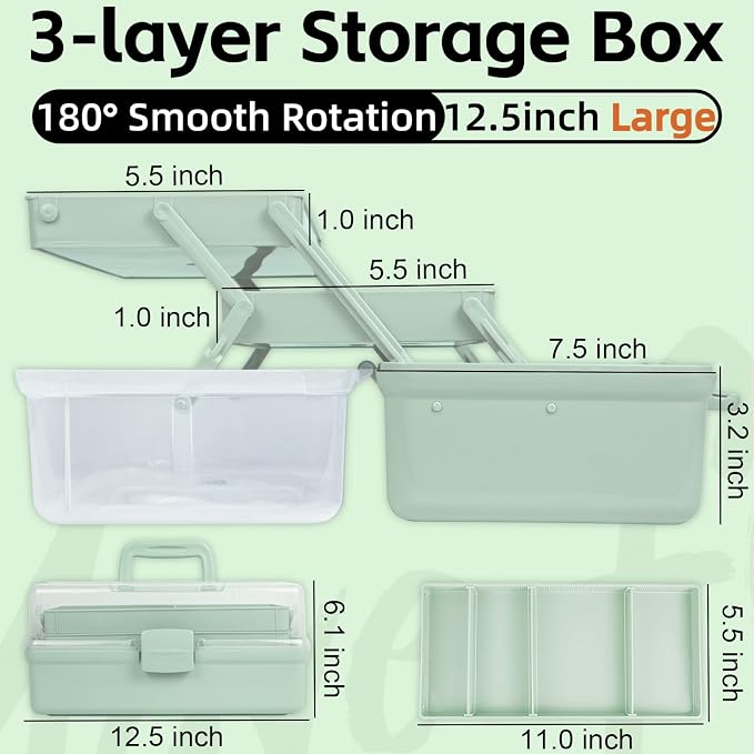 TERGOO 12.5in 3-Layer Multipurpose Craft Organizers and Storage with Adjustable Dividers, Portable Tackle Box, Folding Art & Craft Case for Medicine, Tool, Sewing Organizer (Haze Green)