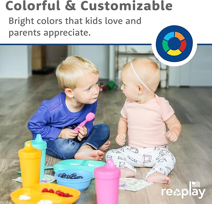 Re-Play Toddler Plates with Dividers & Silicone Lid - Deep-Walled 3 Compartments Divided Plates for Kids - Dishwasher/Microwave Safe - Made in USA - Set of 4-7.37" x 7.37" x 1.25" - Desert Sands