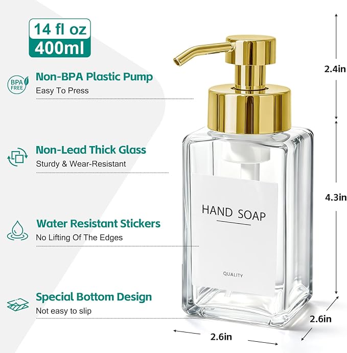 Foaming Soap Dispenser, 12oz/350ml Glass Foaming Hand Soap Dispenser Set, 2Pcs Refillable Foam Soap Dispenser with Foaming Pump, Labels, Square Foam Soap Hand Dispenser for Bathroom, Gold