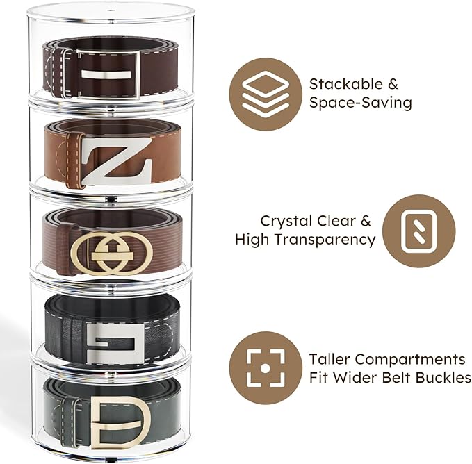 FEMELI Acrylic Belt Storage Organizer For Closet 4-Layer Stackable Belt Box | Clear Acrylic Belts Holder Organizers for Women Men Closet& Drawer,Watches Jewelry and Tie organizers and storage