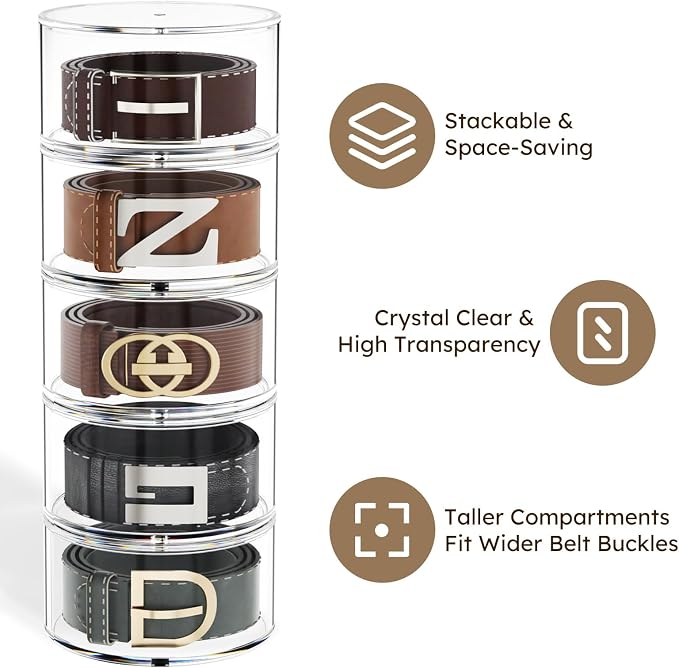 FEMELI Belt Organizer, Acrylic Belt Storage Holder for Closet & Drawer, 5-Layer Stackable Display Case for Belts, Watches, Jewelry and Ties | Clear Acrylic Belts Boxs Organizers for Women Men Closet& Drawer,Watches Jewelry and Tie organizers and storage