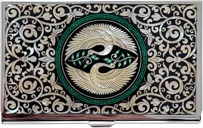 Mother of Pearl Business Card Case Credit Id Name Holder Travel Wallet Art Painting Design Metal Stainless Steel Engraved Slim Purse Pocket Cash Money Wallet -Crane-(Kiss)