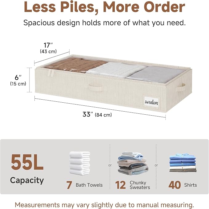 StorageWorks Large Under Bed Storage Containers with Handles and Label Holder, 2 Pack Ultra-thick Fabric Underbed Bins, White and Black Stripes