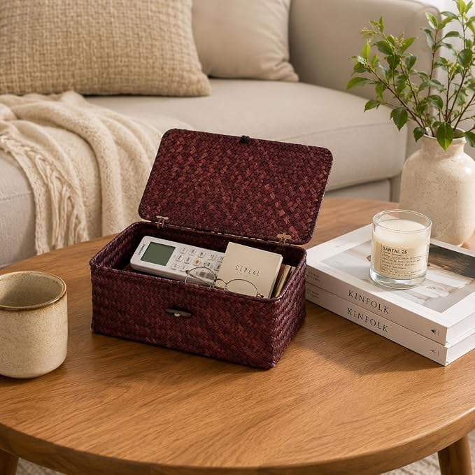 Wicker Basket with Lid, Natural Seagrass Storage Baskets for Organizing, Woven Basket for Storage, Decorative Boxes Bins with Lids Home Organizer Decor (Red, 9.05" x 5.11" x 3.34")