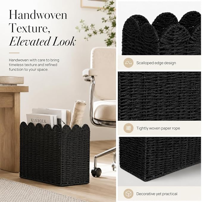 Black Paper Rope Magazine Holder, Tall Narrow Scalloped Basket | Handwoven Black Paper Rope Basket for Magazine Storage, Book Basket, Mail Organizer, File Holder 15"L x 6"W x 11"H