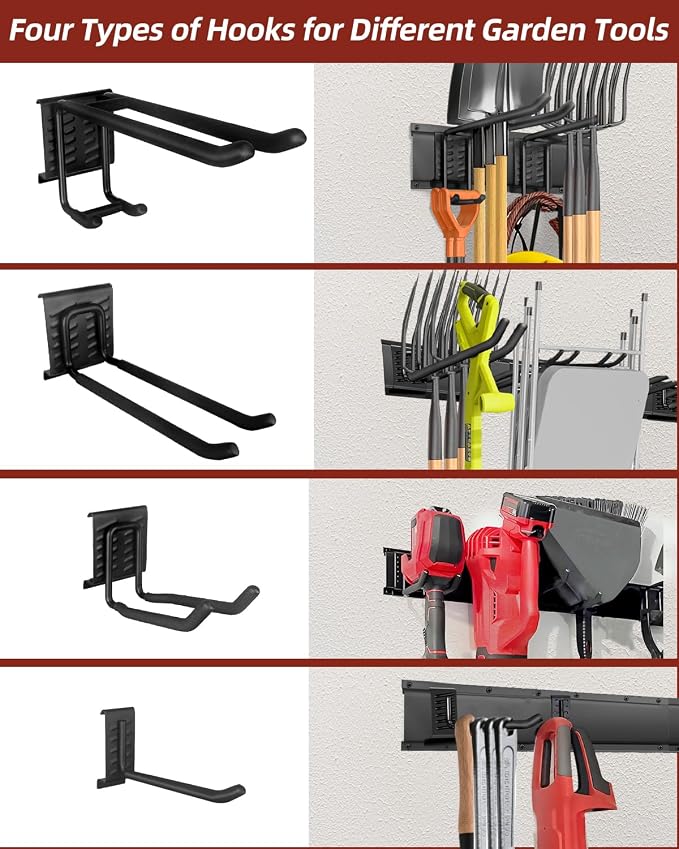 Garage Tool Organizer Wall Mount, 48in Tool Rack, 420LBS Capacity | Solid Steel, 3 Panels, 8 Movable Hooks in 4 Types, Rustproof Waterproof, Soft Anti-Scratch Hooks, Garden & Lawn Tool Storage
