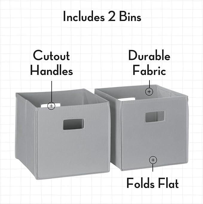 RiverRidge Folding Storage Bins - 2-pack of 10in Tall Gray Cubes | Fabric Bins, Set of 2 Storage Cubes, Cut-out Handles, Playroom Closet Organizer, Collapsible Cubby with Bottom Board Insert