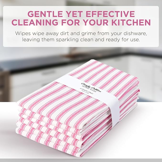 Set of 6 Kitchen Towels, 100% Cotton Dish Towels, with Hanging Loop, Dishcloth Sets for Washing & Drying Dishes, Tea Towels & Hand Towels 18x28, French Stripe, Pink