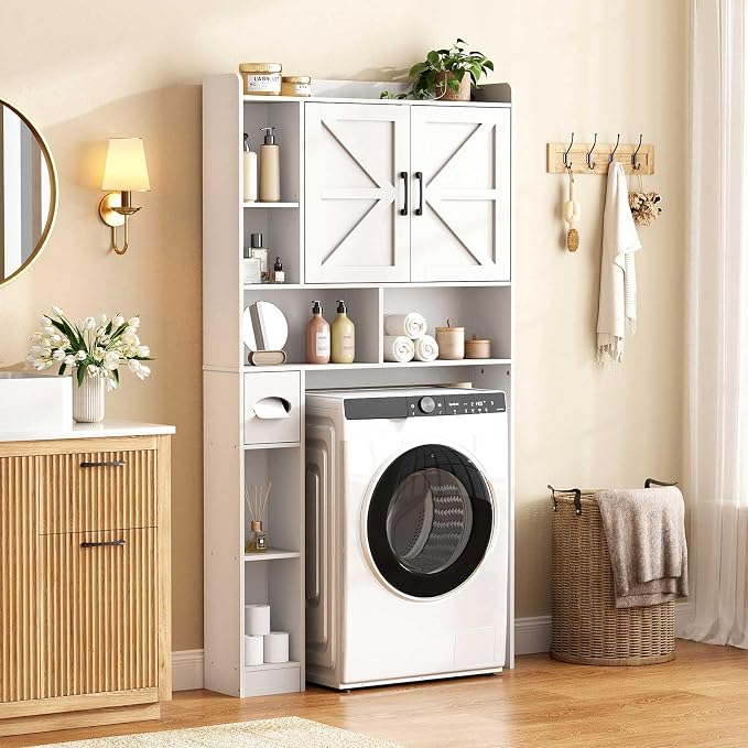 Vabches Over The Toilet Storage Cabinet with 2 Barn Doors, White | Toilet Paper Holder Stand，Home Space-Saving Toilet Rack, for Bathroom, Restroom, Laundry