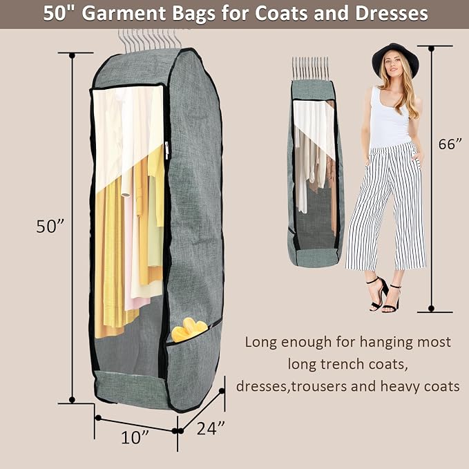 4PCS Garment Bags for Hanging Clothes,Chakera Large Breathable Garment Bag for Closet Storage with 10”Gusseted,Clear Clothing Storage Garment Cover for Dress Sweater with Double Zipper,Grey