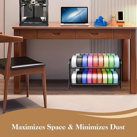 2 Tier Rolling Filament Rack, Holds 40+ 3D Spools, Under Desk Storage | Adjustable for 250g-1KG Spools, 360° Smooth Wheels, Compact 16.5" Wide, Tool-free Assembly. Perfect for 3d Farms Studios