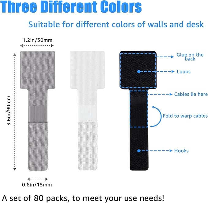 80PCS Hook and Loop Cable Ties, Under Desk Cable Management, Adhesive Cable Straps, Cord Management Hider Idea, Cord Organizer for Desk, Computer Accessories, Home Office Organization, Black