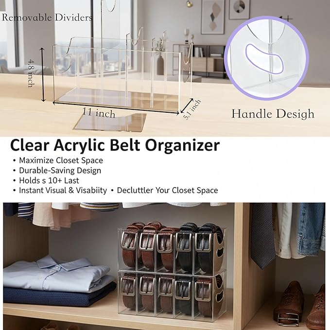 Belt storage Organizer for Closet with Removable Dividers - 5 Compartments & Handles Drawer organization and storage for underwear, Socks, and Bow Ties Acrylic Belt Organizers (3pack)