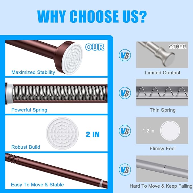 TEECK Shower Curtain Rod, 32-80 inch Adjustable Spring Tension Curtain Rod, Never Rust Anti-Slip Shower Curtain Rod for Bathroom, No Drilling, Never Collapse, Easy to Use, Brown