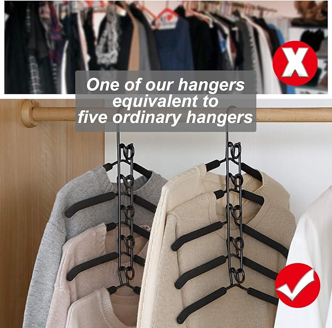Space Saving Hangers for Clothes 4 Pack Closet Storage | Heavy Duty Non-slip Foam Padded, 5 Layer Detachable Hanger. Fits Shirts, Coats, Suits. Perfect Storage for Dorms & Apartments