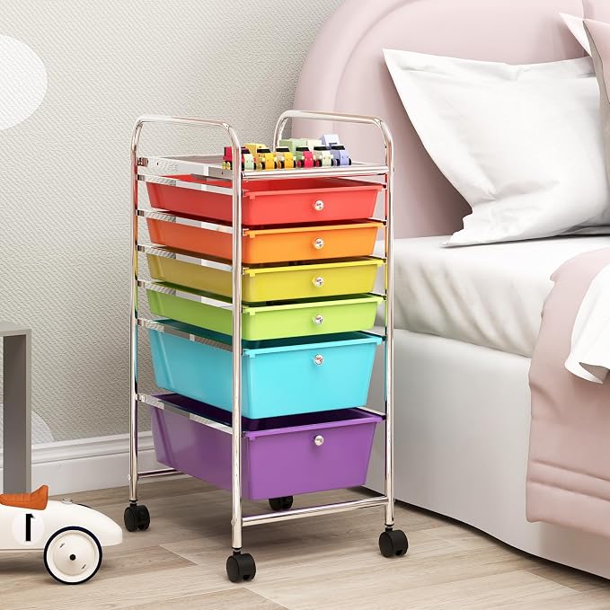 DREAMADE Rolling Rainbow Cart with 6 Drawers, Utility Cart with Removable Plastic Drawers, Lockable Wheels, Art Cart for Classroom Organization Art Supplies Office Scrapbook (6 Drawers, Multi-color)