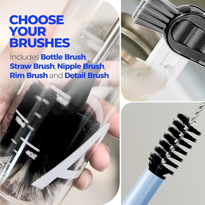 Holikme 6 Pack Bottle Brush 14" Stainless Steel Straw Cleaner Brush,Black | Bottle Cleaner Brush, 3 Straw, Bottle Cleaning Brush for Water Bottle, Baby Bottle Brush, Antistatic Brushes