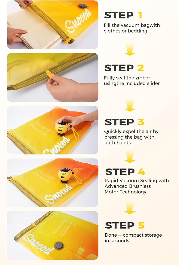 Travel Vacuum Bags with Pump, 15 Pack Vacuum Storage Bags for Clothing, Brushless Motor Type-C Rechargeable Pump, Compression Packing Bags for Travel, Suitcase, Closet and Home Storage, Yellow