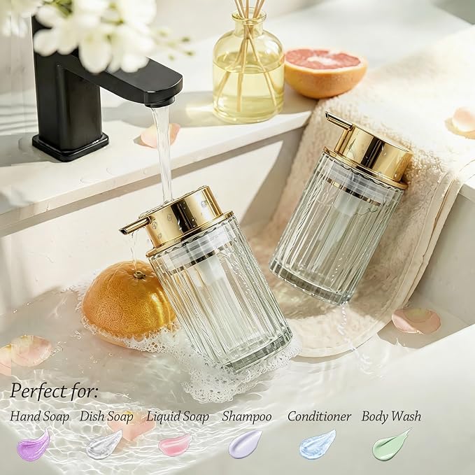 Foaming Hand Soap Dispenser, 8oz Refillable Clear Glass with Gold Pump, for Liquid Soap or Lotion, Vertical Ribbed Decor for Bathroom Vanity, Kitchen, Commercial Use - 1 Pack
