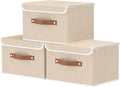 OUTBROS Storage Boxes, Collapsible Storage Bins with Lids, Cotton and linen cloth Storage Baskets with Handle, for Books, Closet, Beige, 3 Pack 10.2 x 7.9 x 6.7in