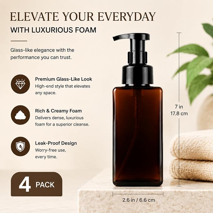 TMLECE 15oz/450ml Square Foaming Soap Dispenser Bottles(4 Pack) | BPA-Free PETG, Glass-Like Appearance, Rich Foam Pump with Leak-Proof Locking Design for Hand Soap, Cleanser & Body Wash,Brown