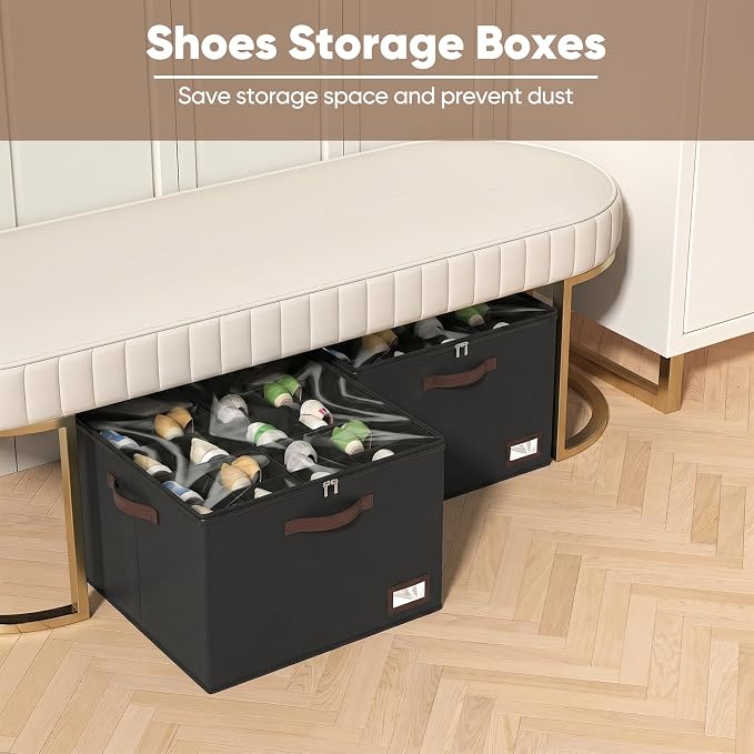 OIAHOMY 2 Pack Shoe Organizer for Closet, Large Foldable Shoe Storage Bins with Dividers and Reinforced Handles, Each Clear Cover Sneaker Box Fits Up to 16 Pairs for Entryway and Bedroom, Black