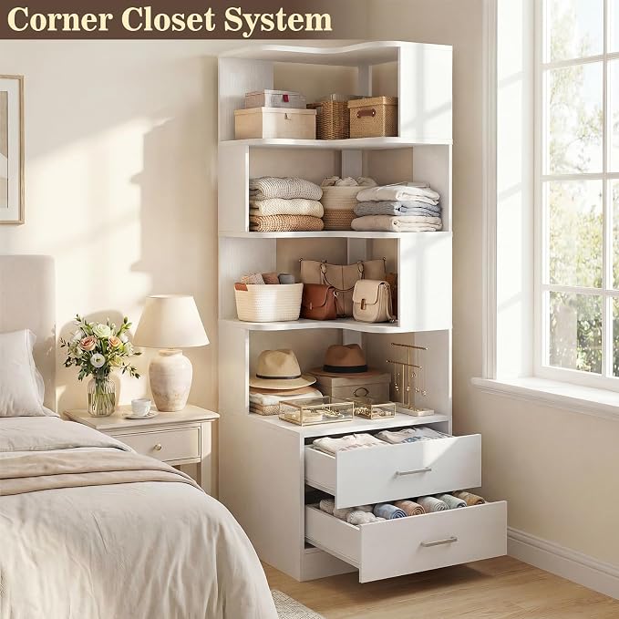 Armocity Corner Bookshelf with Drawers, 7 Tier Corner Book Shelf Display Bookcase, Freestanding L Shaped Bookshelf for Bedroom, Living Room, Home Office, White