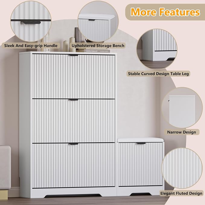 BORNOON Slim Shoe Cabinet with Bench for Entryway, Hidden Storage and Adjustable Shelves, Free Standing Wooden Shoes Organizer for Foyer, Hallway