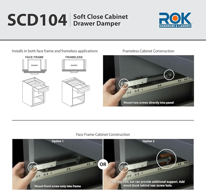 2-Pack Rok Hardware Soft Close for Wood Drawers/Soft Close Drawer Adapter/Add-On/Retrofit (Gray), SCD104G