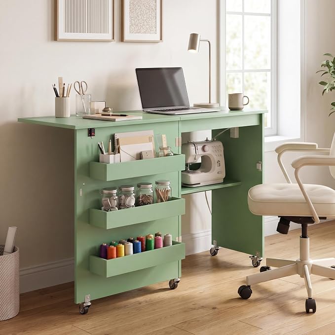 Giantex Folding Sewing Table with Charging Station, Storage Trays & Shelf | Rolling Craft Table with Lockable Wheels, Foldable Sewing Machine Cabinet Desk for Small Spaces, Dorms, Sage