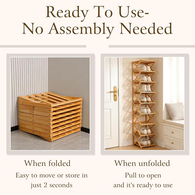 Foldable Shoe Rack, Tier No-Assembly Bamboo Rack, 2026 New Portable Bamboo Corner Shoe Rack, Multifunctional Narrow Shoe Shelf for Entryway, Closet, Corner, Bedroom (3 Layers)