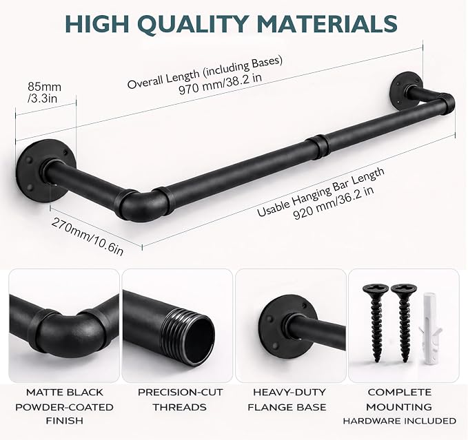 Svyrilk 2 Pack 38.4" Industrial Pipe Clothes Rack | Wall Mounted Heavy Duty Iron Hanging Rod for Closet Storage, Laundry Room, Bedroom, Black