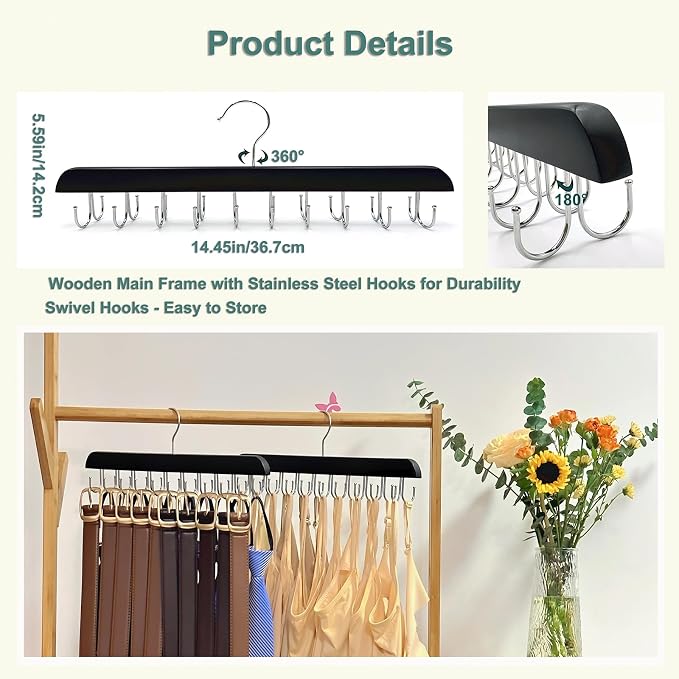 2 Pack Belt Hanger for Closet Organizer,Belt Organizer for Closet | Wooden Belt Storage Organizer with 20 Metal Hooks for Space Saving,Foldable Belt Holder for Belts,Tank Tops,Ties(Black)