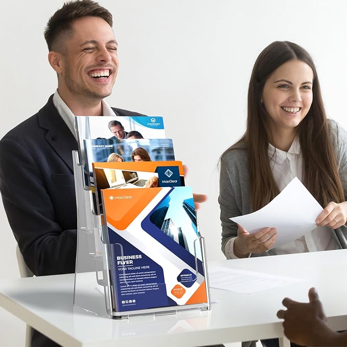 MaxGear 4 Tier Brochure Holder, 8.5 x 11, Removable Divider, 4 Pack | Clear Acrylic Material, Fits 8.5 x 11 Literature or 4 x 9 Brochures, Wall Mount or Countertop, Non Slip Slot, Polished Edges