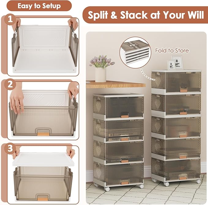 Giantex 5 Tier Stackable Storage Bins with Lids, 22.5 Gal Foldable Shoe Storage Box with Detachable Wheels & Flip-Up Doors, Collapsible Closet Organizers and Storage Bins