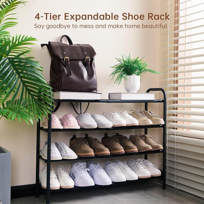 Gonfoam 4-Tier Expandable Shoe Rack,Adjustable Shoe Shelf Storage Organizer Heavy Duty Metal Free Standing Shoe Rack for Entryway Closet Doorway (Black) | Tool-Free Assembly, Metal Material, Adjustable Shoe Organizer, Sturdy, Small Space Solution, Dorm...
