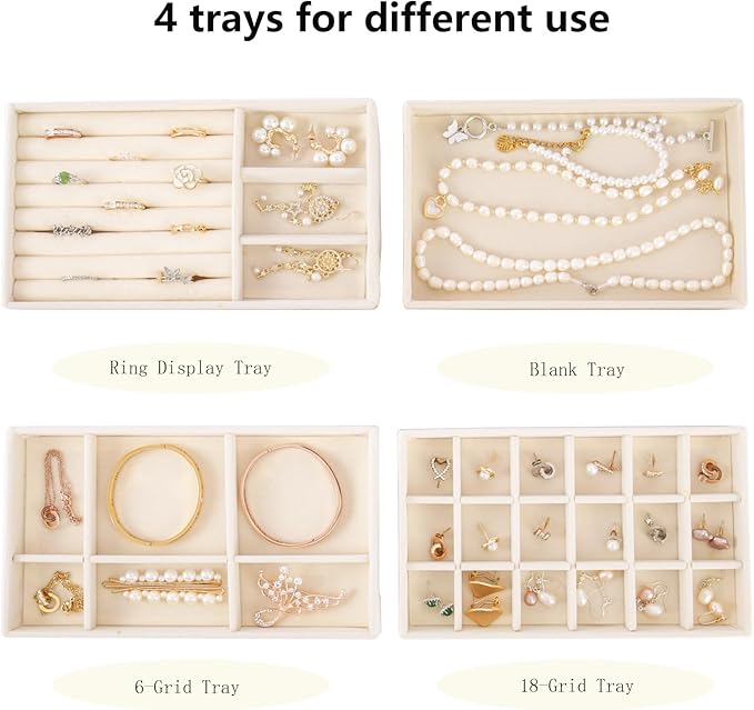 Velvet Jewelry Organizer for Drawer, Stackable Jewelry Drawer Inserts in Dresser, 8in Beige Storage Display Case for Rings Stud Necklaces Accessories, Set of 8