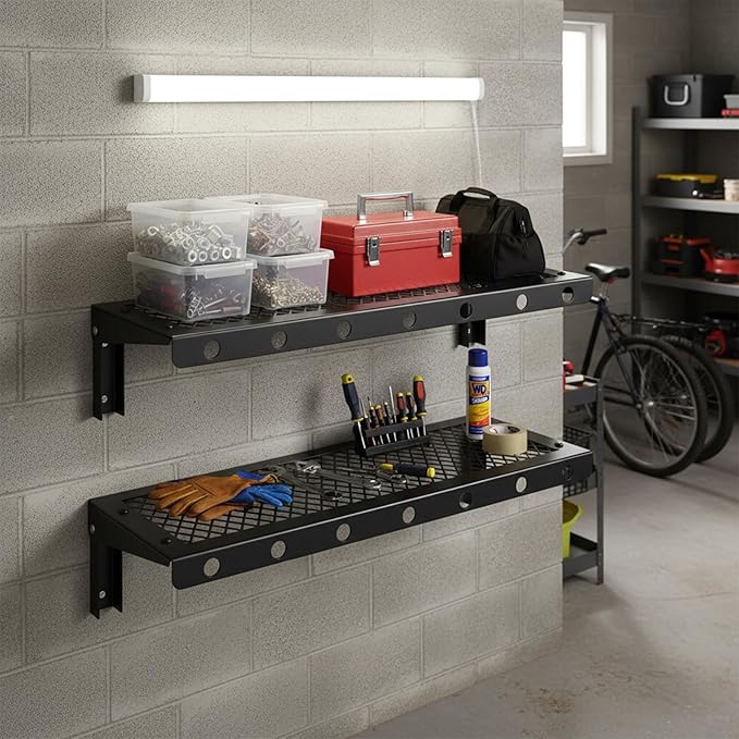 Floating Wall Shelves Set of 2, Black Floating Shelves,Wall-Mounted Bookshelf,Mesh Panel, Used in Living Room, Kitchen, Bathroom, Garage,Folding with Hooks.
