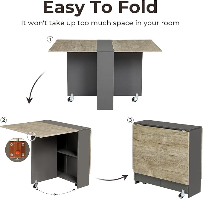 Folding Drop Leaf Dining Table with 6 Wheels and 2-Layer Storage Shelf, Space Saving Table for Small Spaces, Chestnut and Gray 51.2 inch D x 31.5 inch W x 28.4 inch H